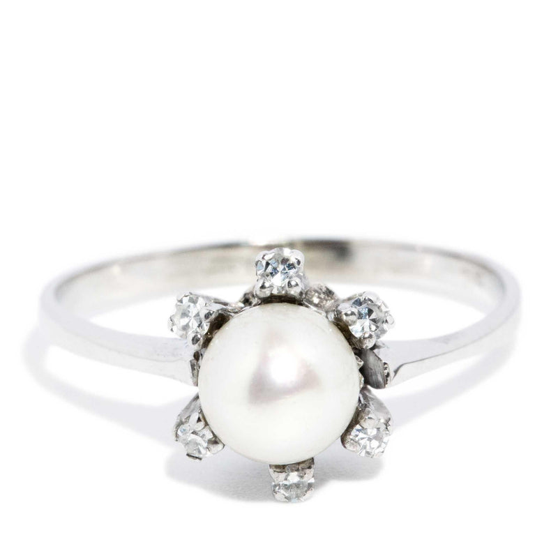 Contemporary Circa 1960s Diamond & Pearl Ring 14 Carat White Gold