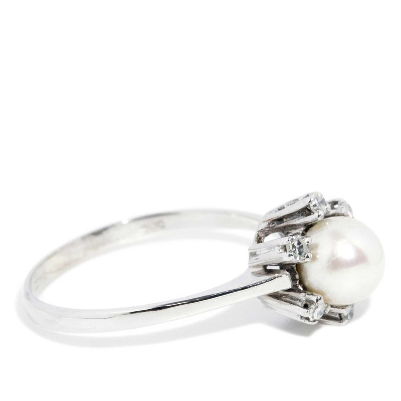 Contemporary Circa 1960s Diamond & Pearl Ring 14 Carat White Gold