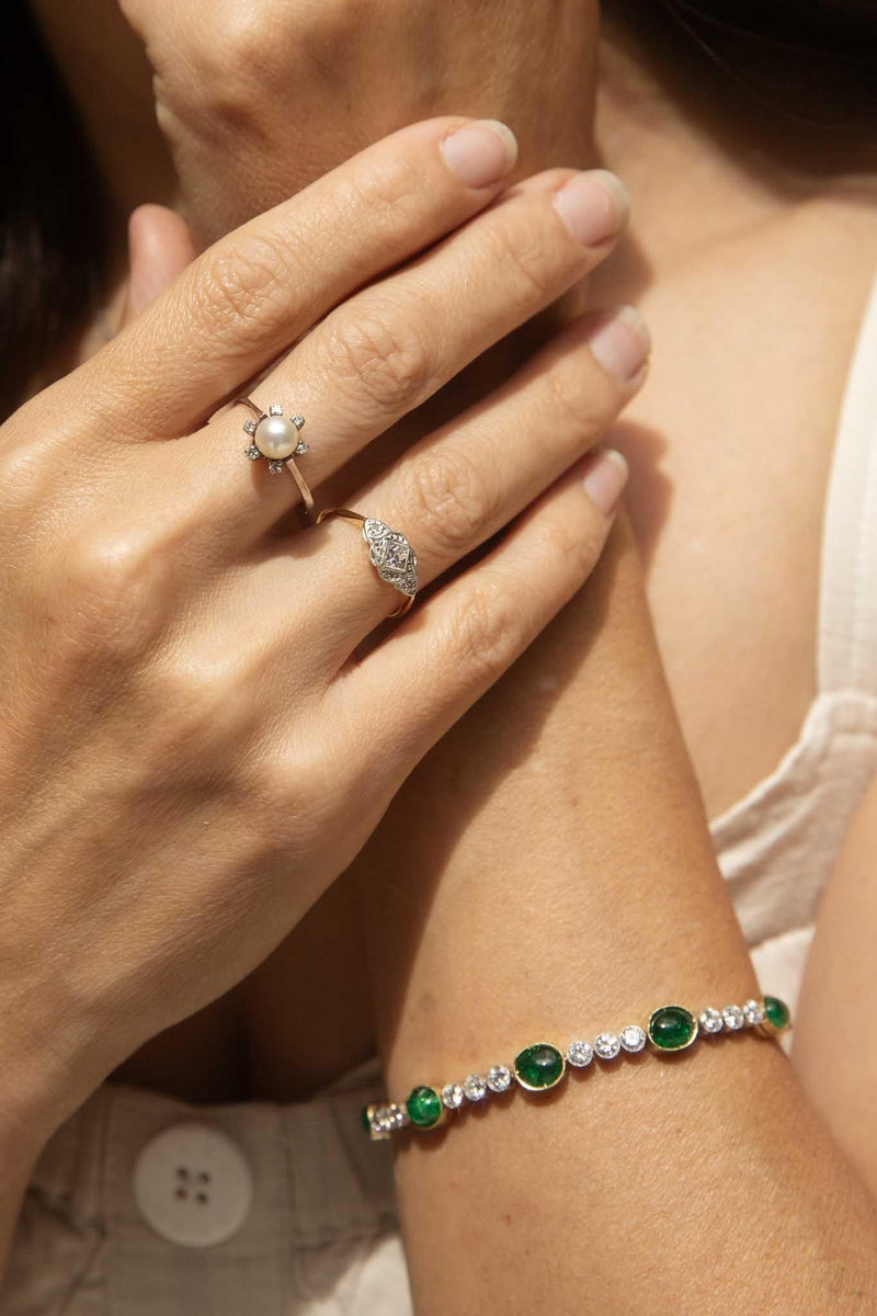 Contemporary Circa 1960s Diamond & Pearl Ring 14 Carat White Gold