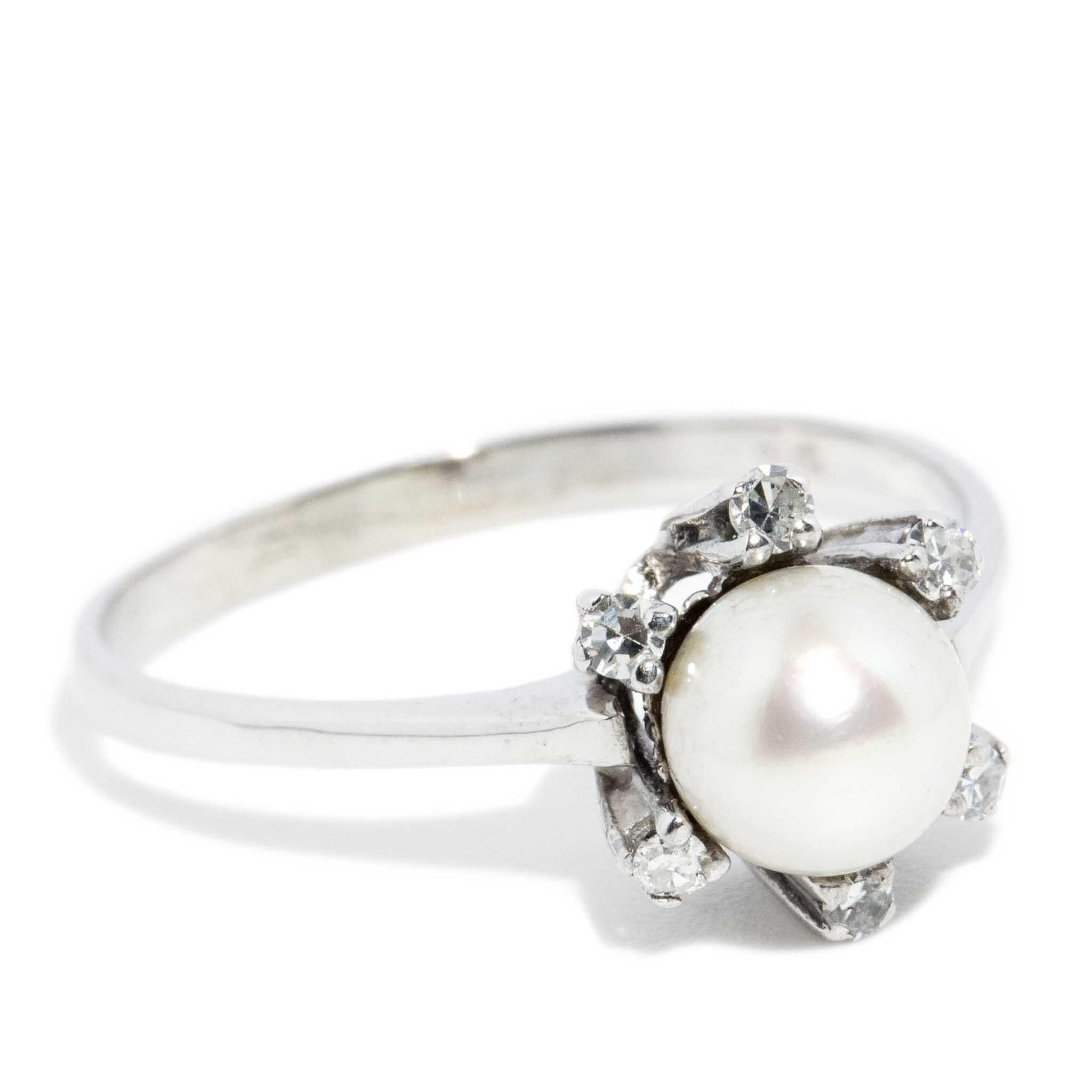 Contemporary Circa 1960s Diamond & Pearl Ring 14 Carat White Gold
