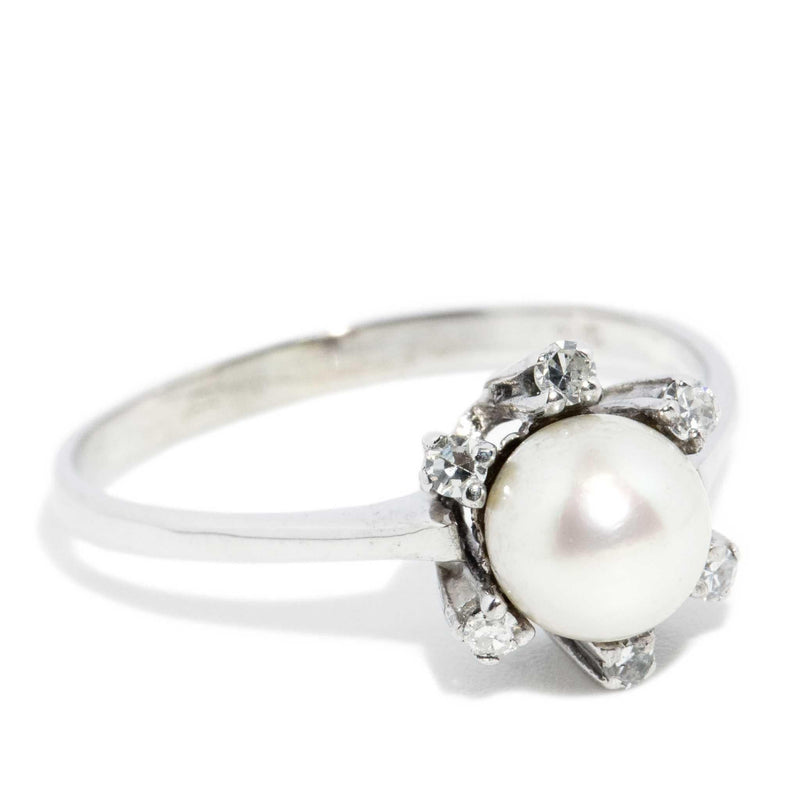Contemporary Circa 1960s Diamond & Pearl Ring 14 Carat White Gold