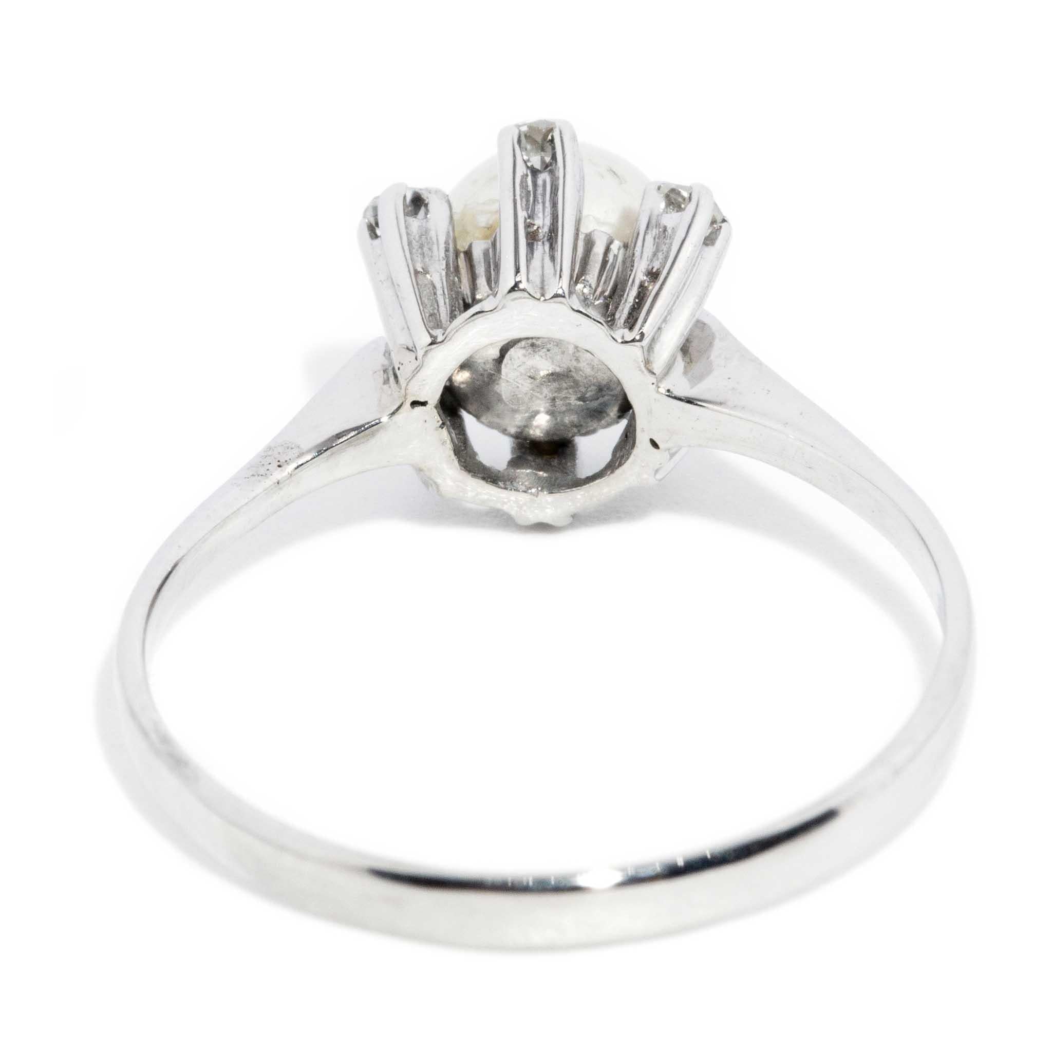 Contemporary Circa 1960s Diamond & Pearl Ring 14 Carat White Gold