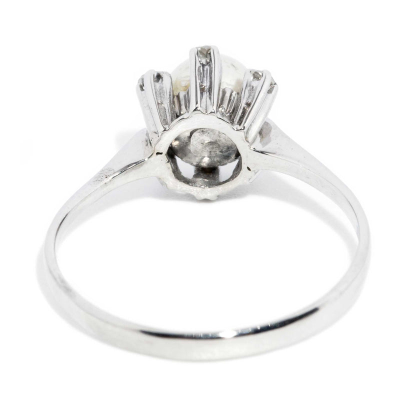 Contemporary Circa 1960s Diamond & Pearl Ring 14 Carat White Gold