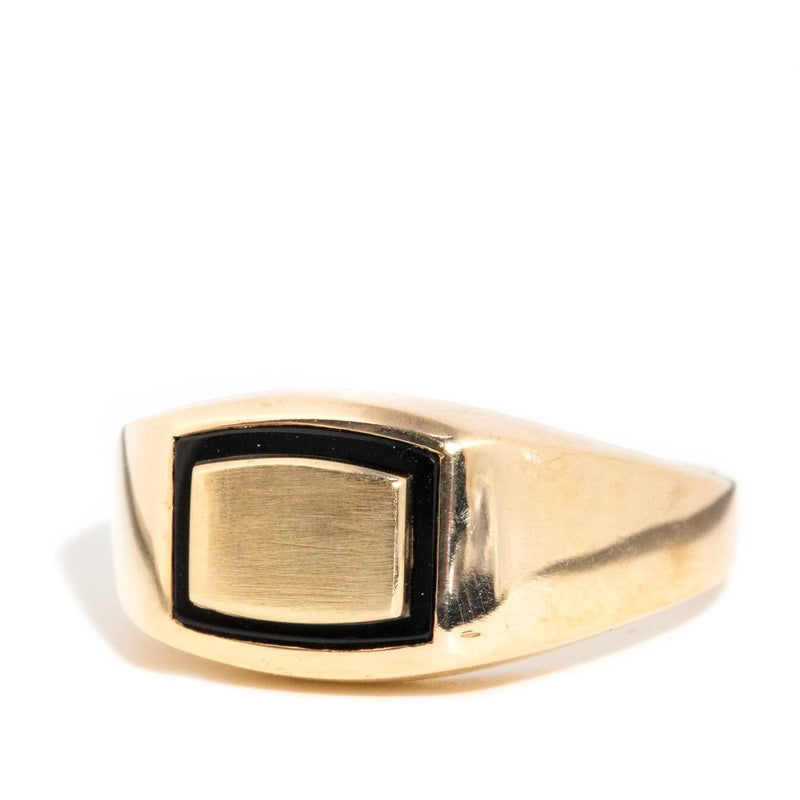 Marcus 1970s Onyx Inlay Vintage Signet Ring 9ct Gold Rings Imperial Jewellery 