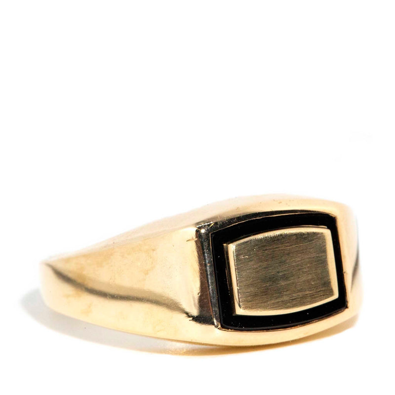 Marcus 1970s Onyx Inlay Vintage Signet Ring 9ct Gold Rings Imperial Jewellery 