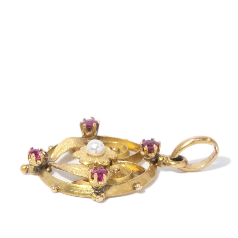 Antique Art Nouveau Ruby & Pearl Antique Pendant 15 Carat Gold