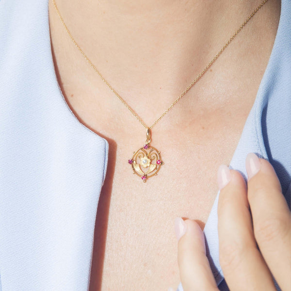 Antique Art Nouveau Ruby & Pearl Antique Pendant 15 Carat Gold