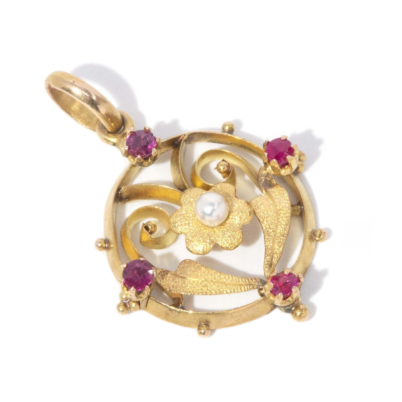 Antique Art Nouveau Ruby & Pearl Antique Pendant 15 Carat Gold