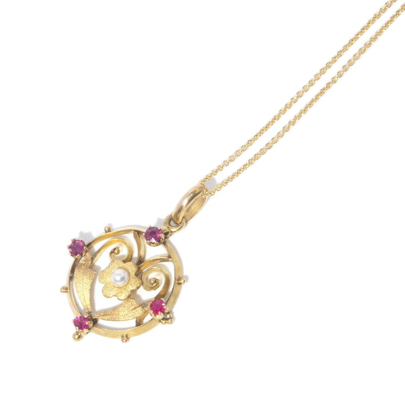 Antique Art Nouveau Ruby & Pearl Antique Pendant 15 Carat Gold