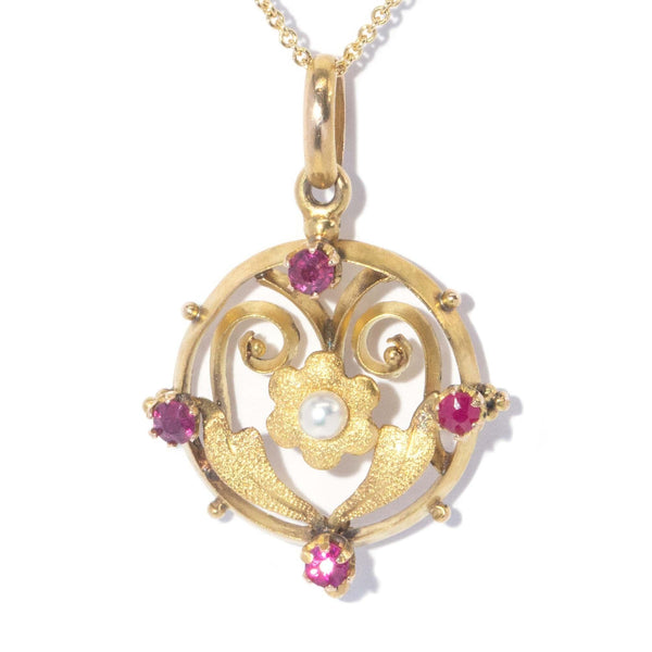 Antique Art Nouveau Ruby & Pearl Antique Pendant 15 Carat Gold