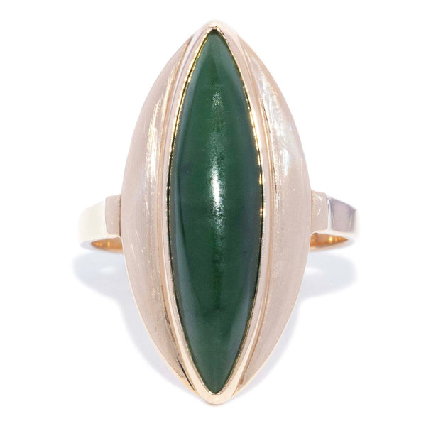 Maris 1970s Marquise Jade Cabochon Ring 9ct Gold Rings Imperial Jewellery 