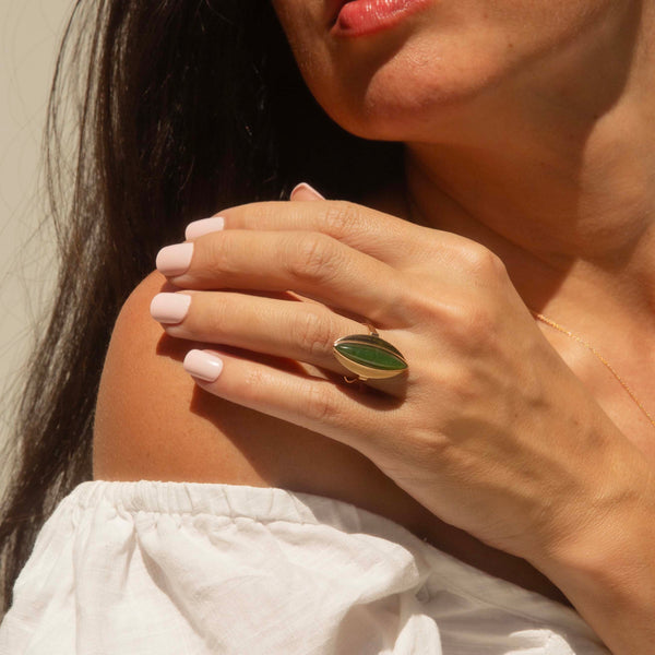 Maris 1970s Marquise Jade Cabochon Ring 9ct Gold Rings Imperial Jewellery 