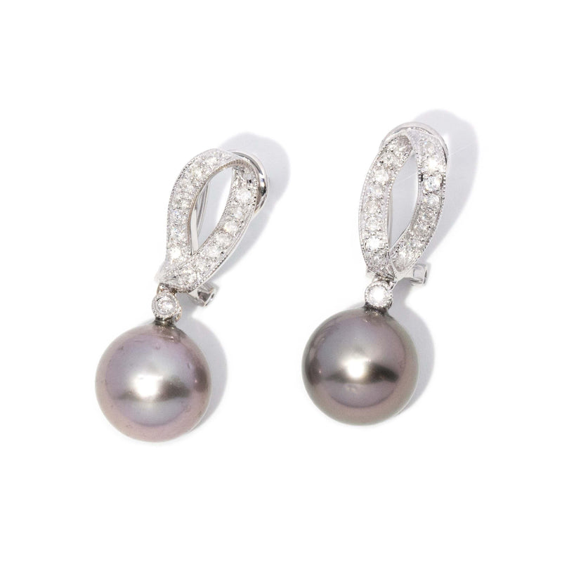 Contemporary Tahitian Pearl & Diamond Earrings 18 Carat White Gold
