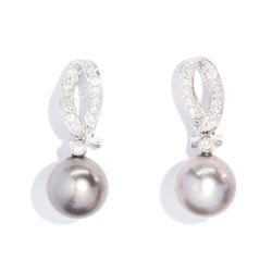 Contemporary Tahitian Pearl & Diamond Earrings 18 Carat White Gold