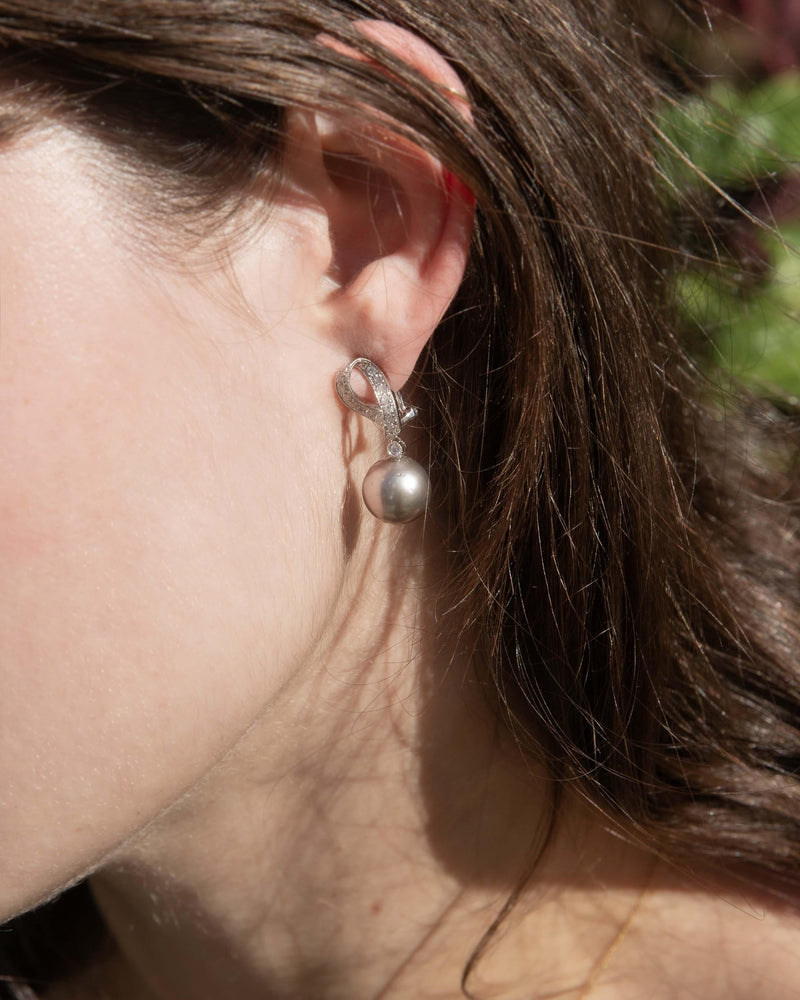 Contemporary Tahitian Pearl & Diamond Earrings 18 Carat White Gold