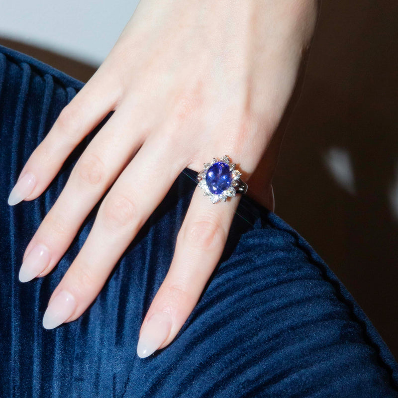 Marisol 5.80ct Tanzanite Diamond Halo Ring 18ct White Gold Ring Imperial Jewellery 