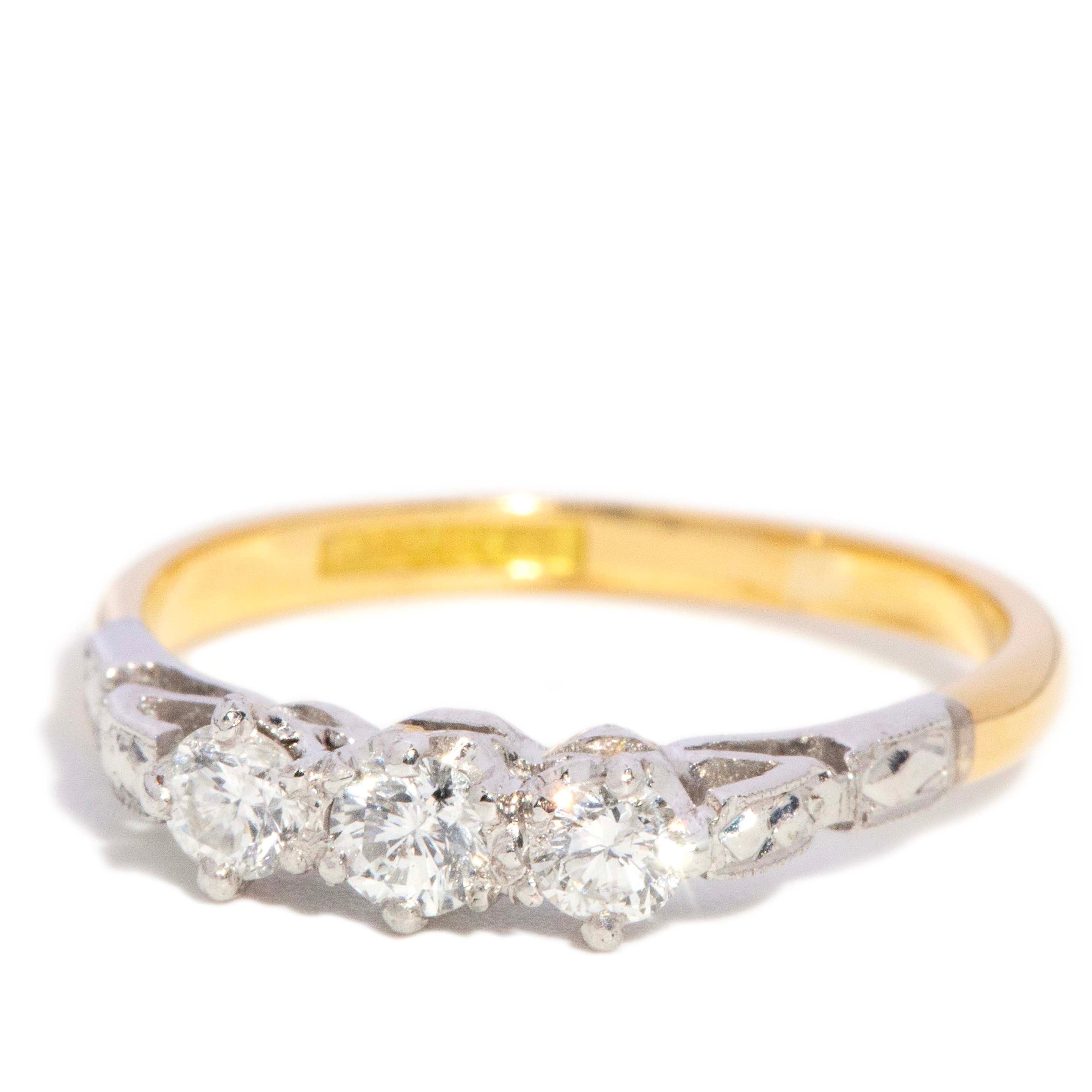 Martha Vintage Circa 1970s Brilliant Diamond Three Stone Ring 18ct Two Tone Gold Rings Imperial Jewellery 