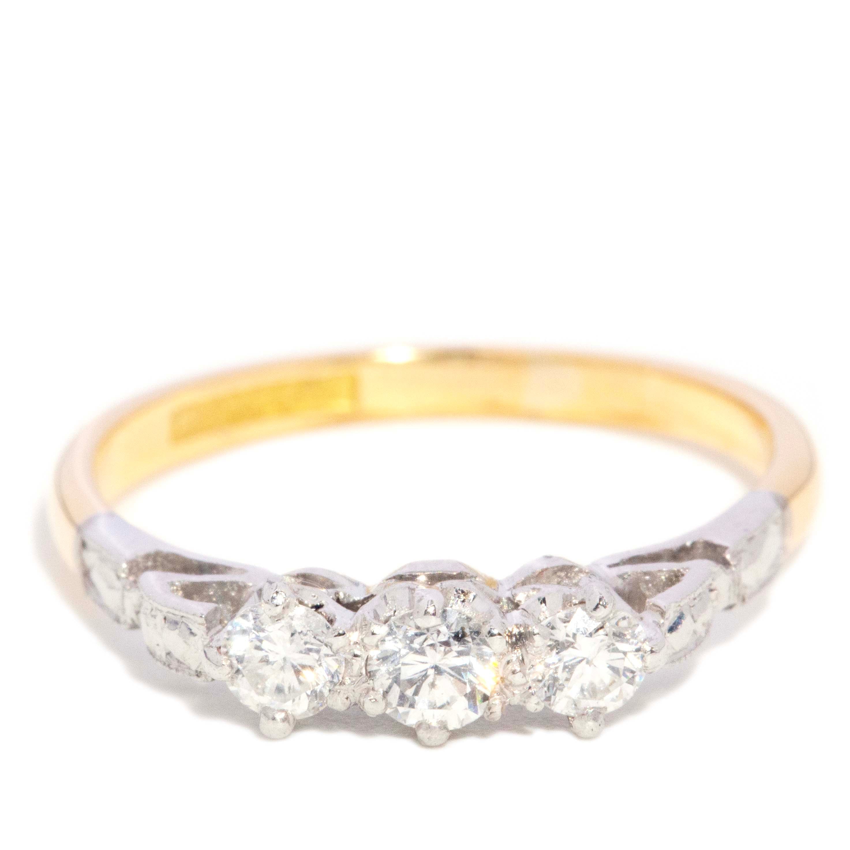 Martha Vintage Circa 1970s Brilliant Diamond Three Stone Ring 18ct Two Tone Gold Rings Imperial Jewellery 