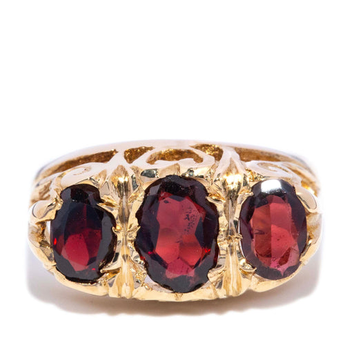 Mavis Garnet Three Stone London Bridge Ring 9K Yellow Gold