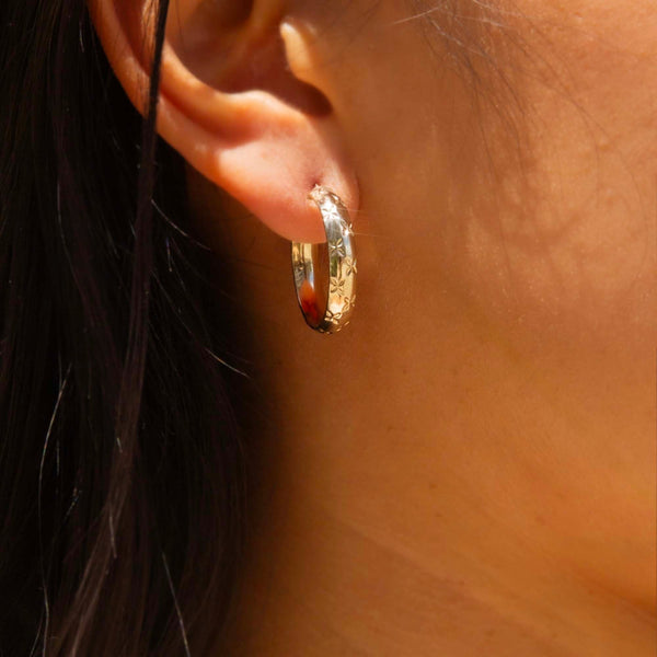 Mavis 1990s Star Engraved Hoops 9ct Gold Earrings Imperial Jewellery 