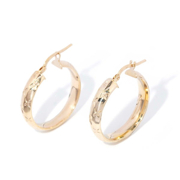 Mavis 1990s Star Engraved Hoops 9ct Gold Earrings Imperial Jewellery 