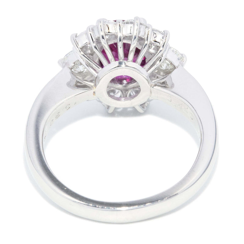 Vintage Circa 1990s Pinkish Red Ruby & Diamond Platinum Halo Ring