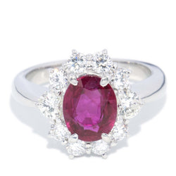 Vintage Circa 1990s Pinkish Red Ruby & Diamond Platinum Halo Ring