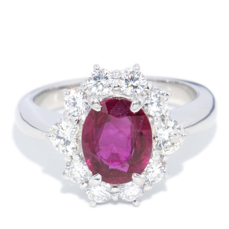 Vintage Circa 1990s Pinkish Red Ruby & Diamond Platinum Halo Ring