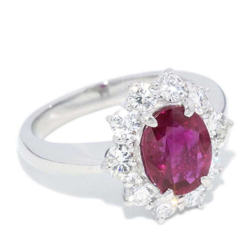 Vintage Circa 1990s Pinkish Red Ruby & Diamond Platinum Halo Ring
