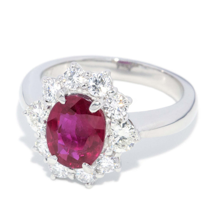 Vintage Circa 1990s Pinkish Red Ruby & Diamond Platinum Halo Ring