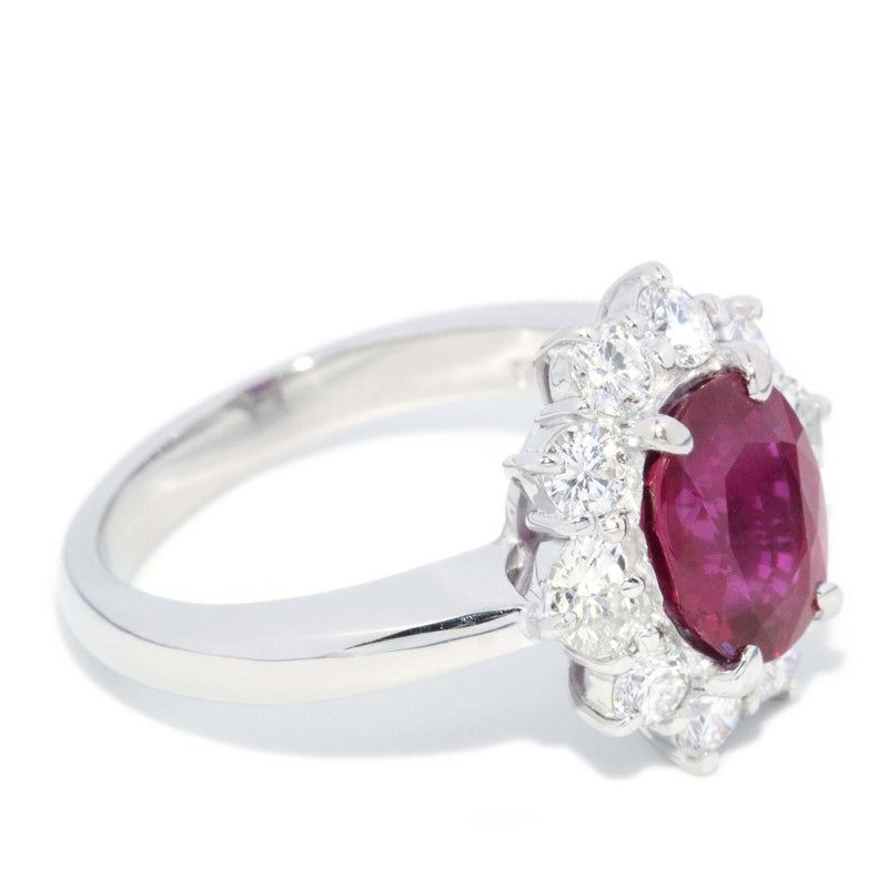 Vintage Circa 1990s Pinkish Red Ruby & Diamond Platinum Halo Ring