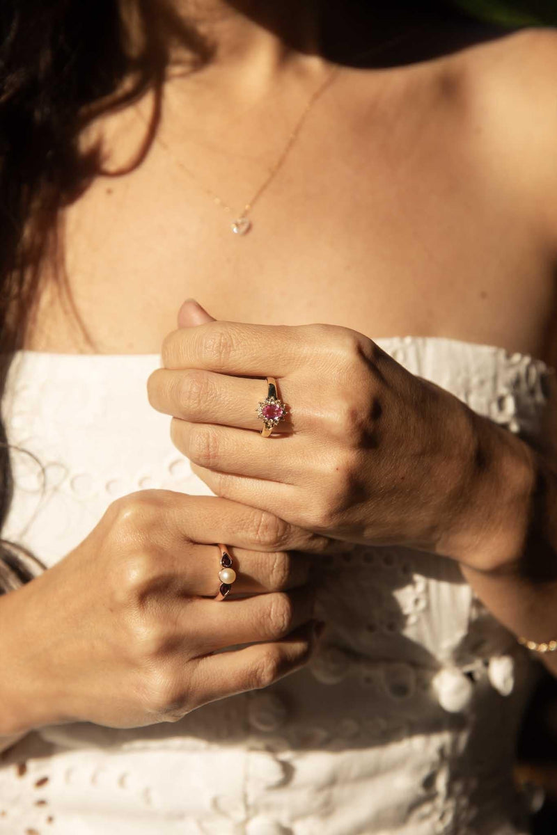 Maya 1990s Pearl & Garnet Ring 9ct Rose Gold