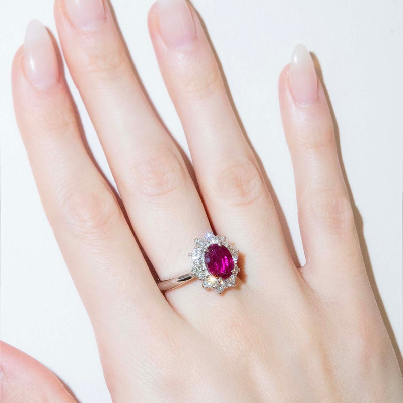 Maya 1990s Pinkish Red Ruby & Diamond Platinum Halo Ring Ring Imperial Jewellery 