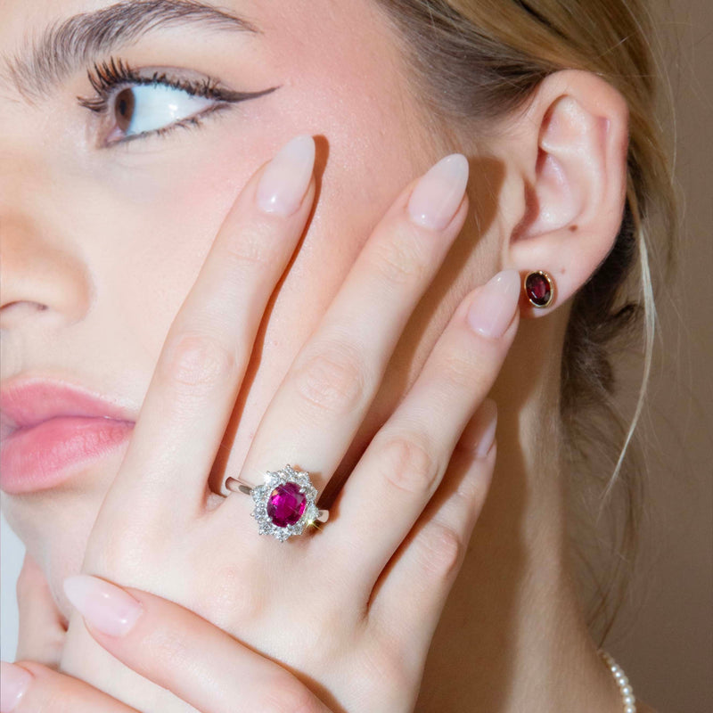 Maya 1990s Pinkish Red Ruby & Diamond Platinum Halo Ring Ring Imperial Jewellery 