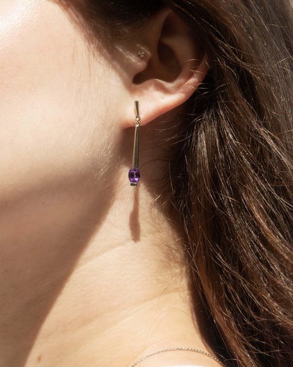Contemporary Amethyst Drop Bar Earrings 14 Carat White Gold
