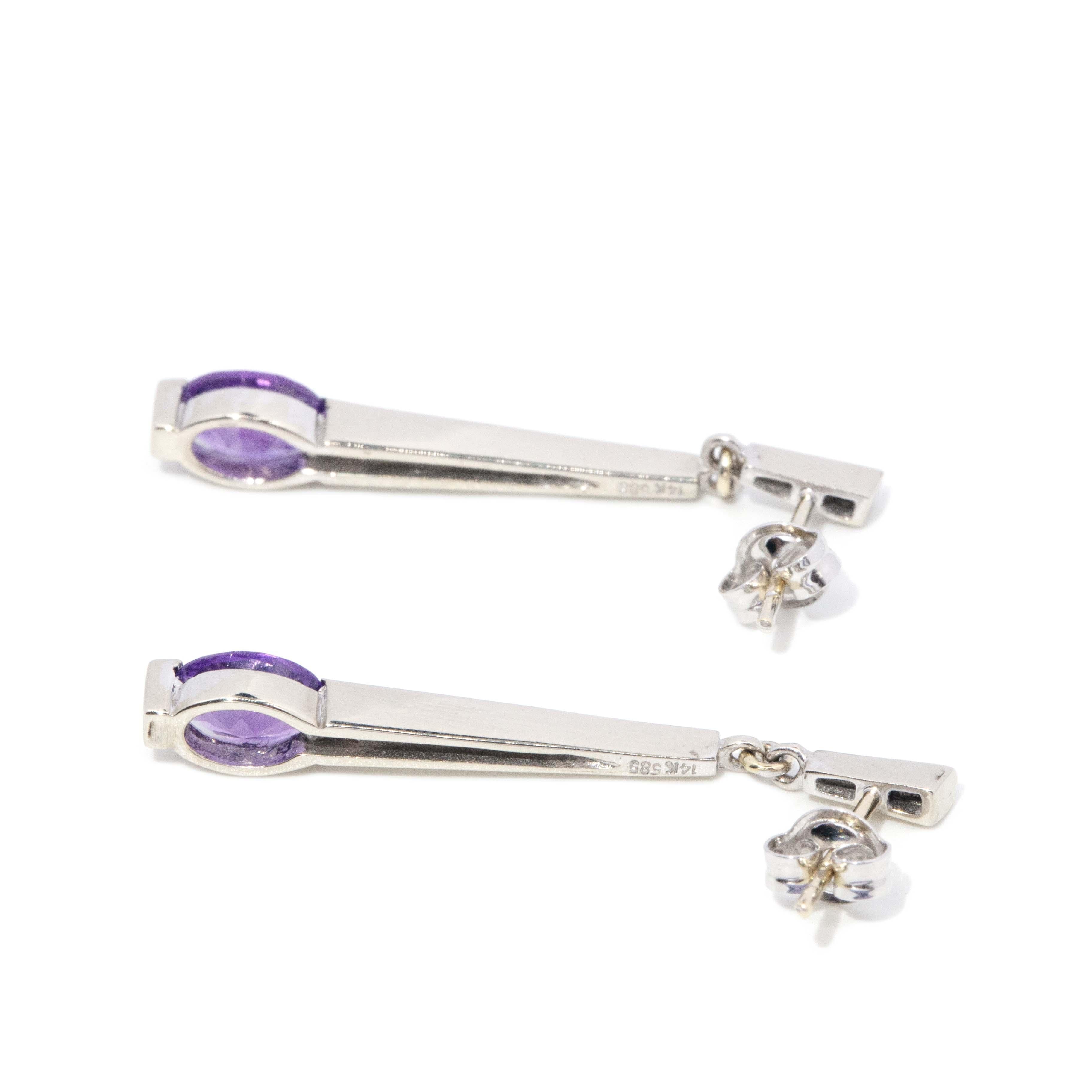 Contemporary Amethyst Drop Bar Earrings 14 Carat White Gold