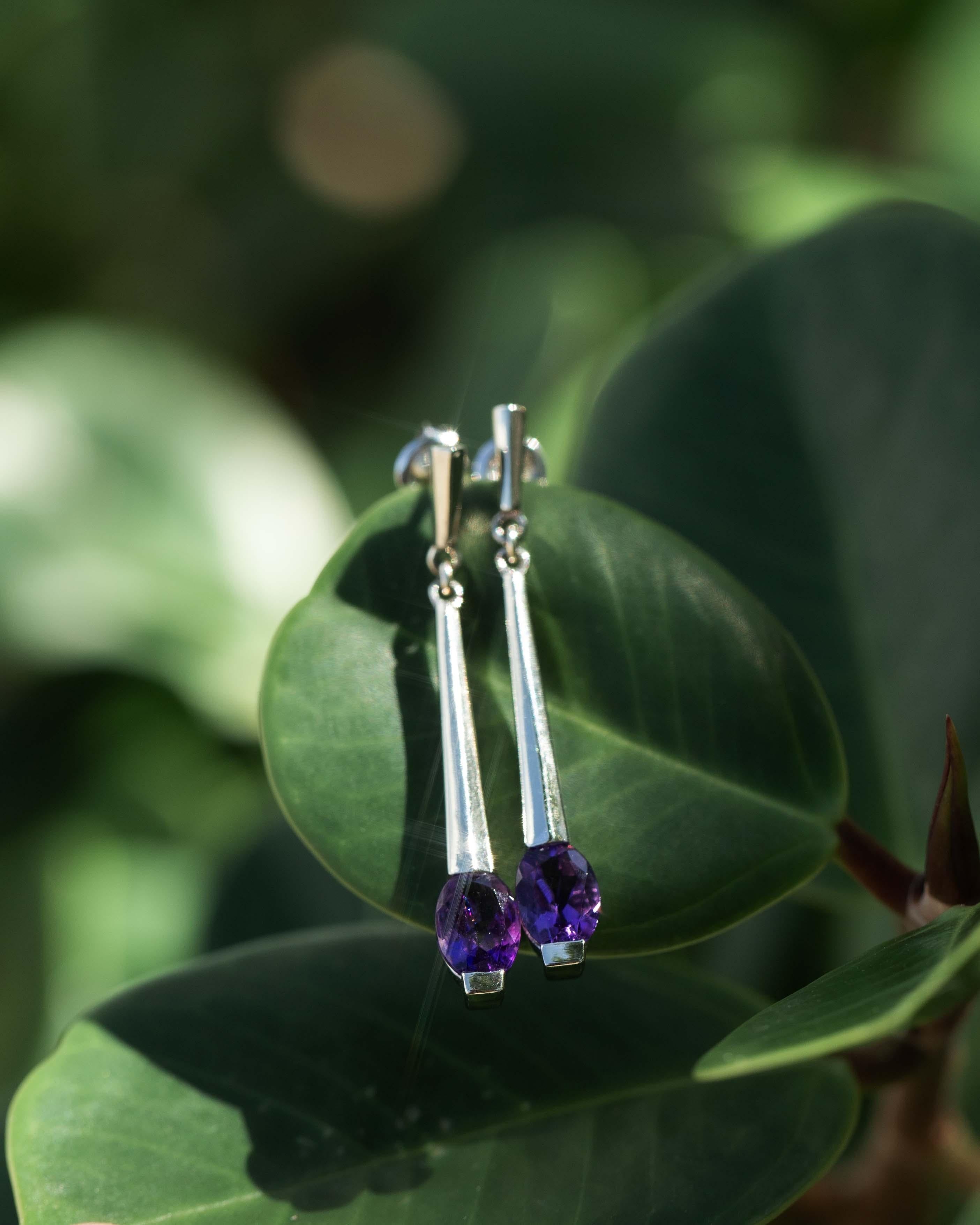 Contemporary Amethyst Drop Bar Earrings 14 Carat White Gold