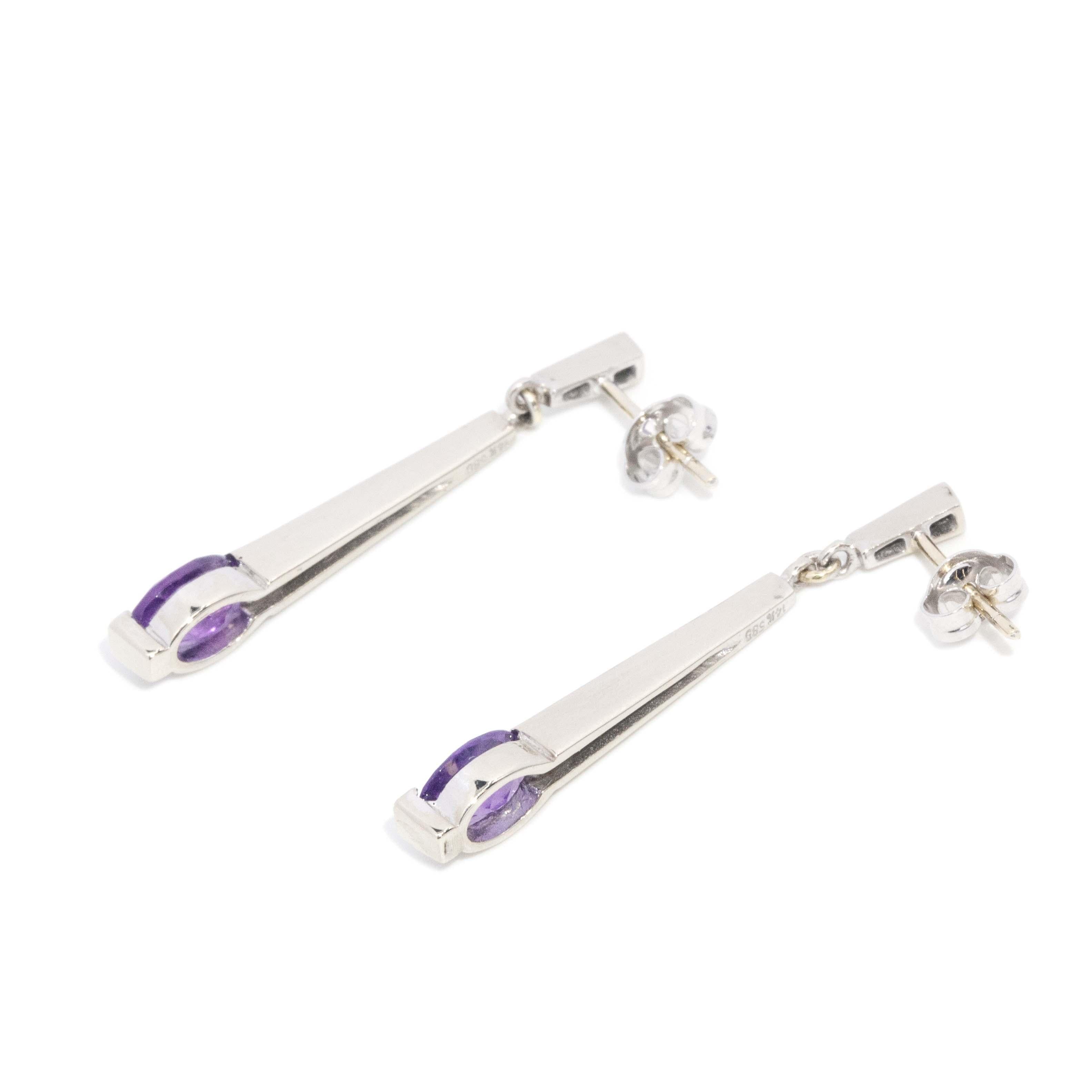 Contemporary Amethyst Drop Bar Earrings 14 Carat White Gold