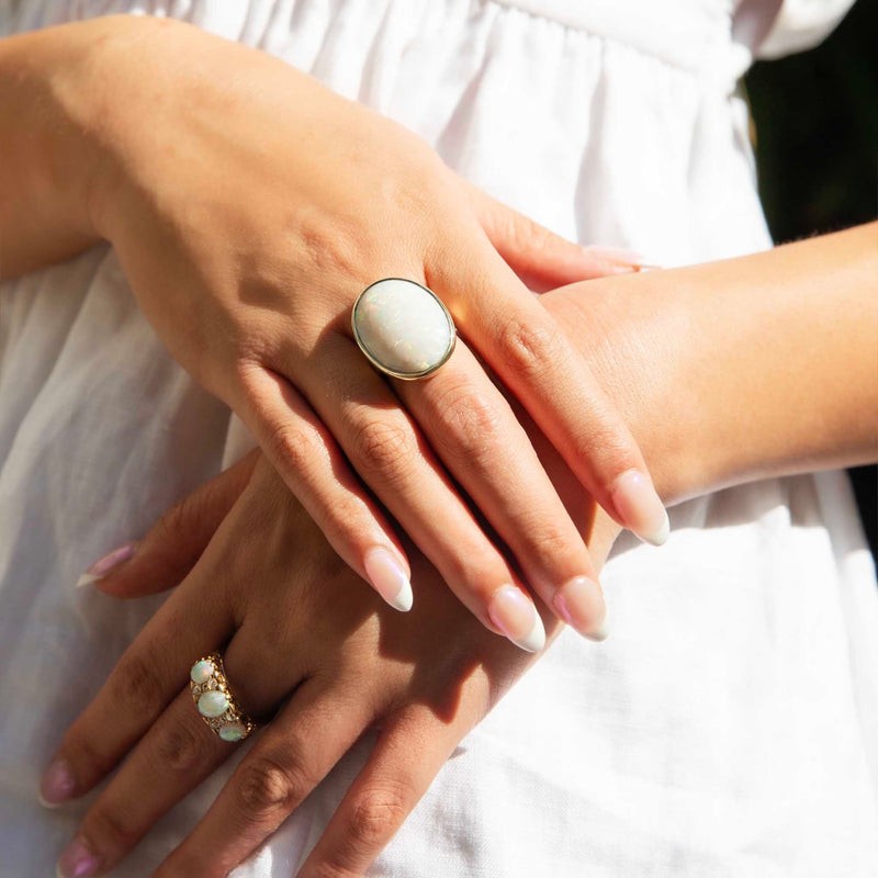 Melena 1950s Opal & Old Cut Diamond Ring 18ct Gold Rings Imperial Jewellery 