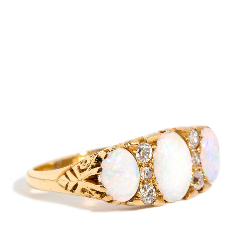 Melena 1950s Opal & Old Cut Diamond Ring 18ct Gold Rings Imperial Jewellery 