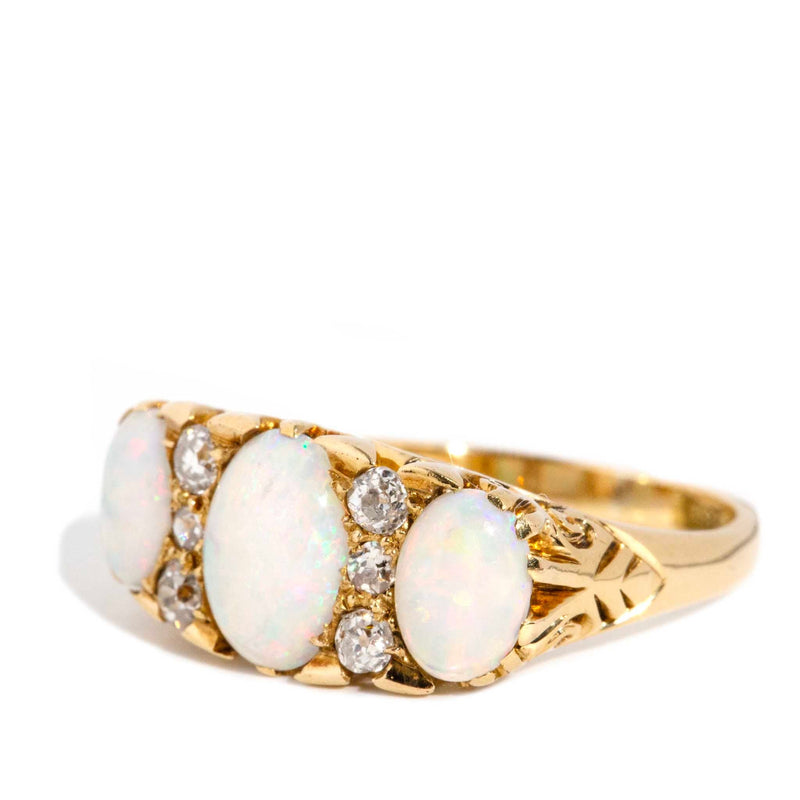 Melena 1950s Opal & Old Cut Diamond Ring 18ct Gold Rings Imperial Jewellery 