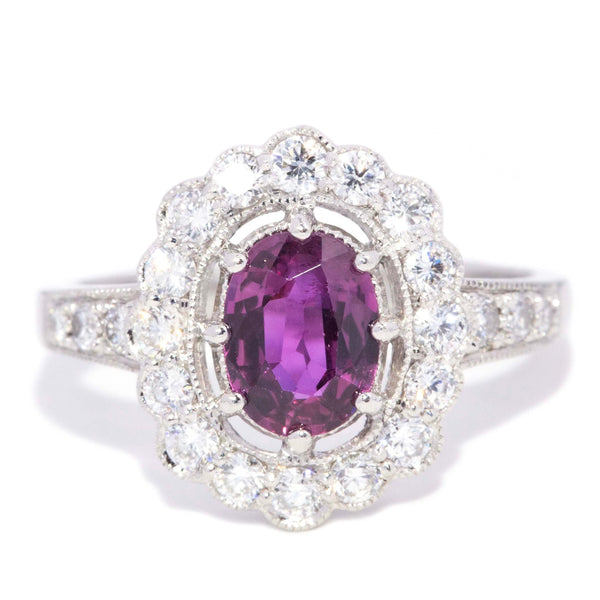 Melissa Purplish Red Ruby & Diamond Art Deco Inspired Platinum Halo Ring Rings Imperial Jewellery 