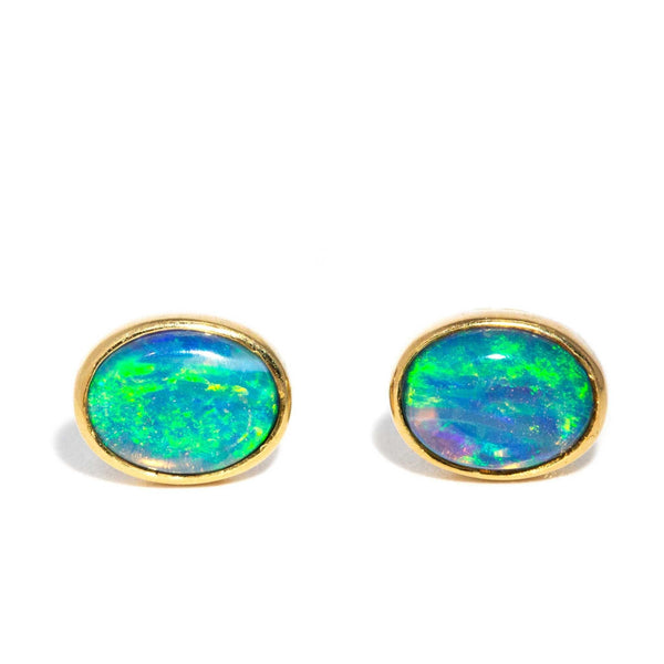 Vintage Circa 1980s Solid Crystal Australian Opal 14ct Gold Earrings
