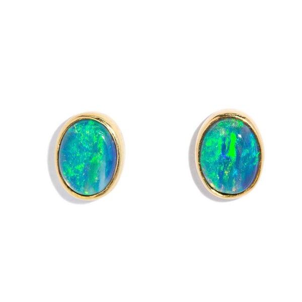 Vintage Circa 1980s Solid Crystal Australian Opal 14ct Gold Earrings