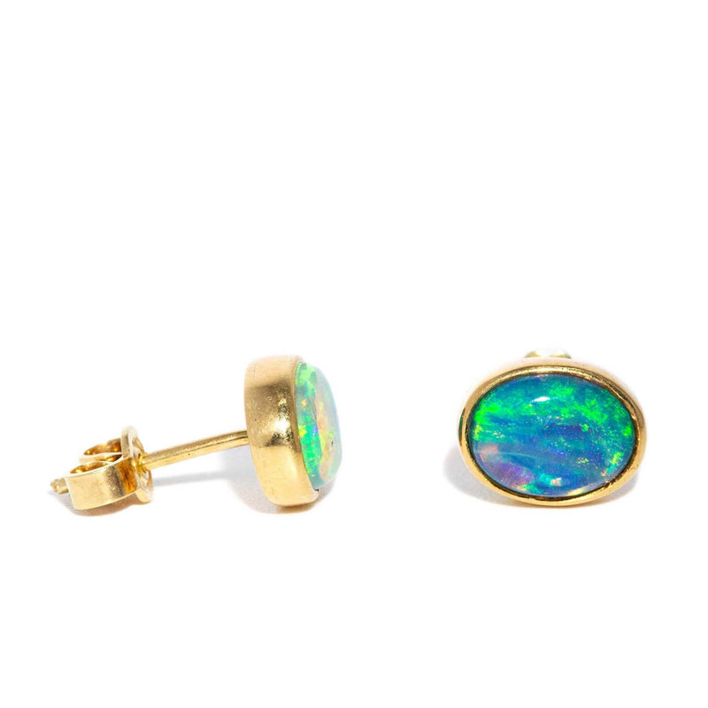Vintage Circa 1980s Solid Crystal Australian Opal 14ct Gold Earrings