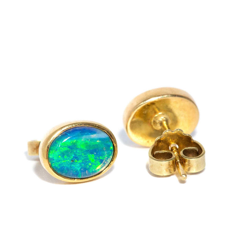 Vintage Circa 1980s Solid Crystal Australian Opal 14ct Gold Earrings