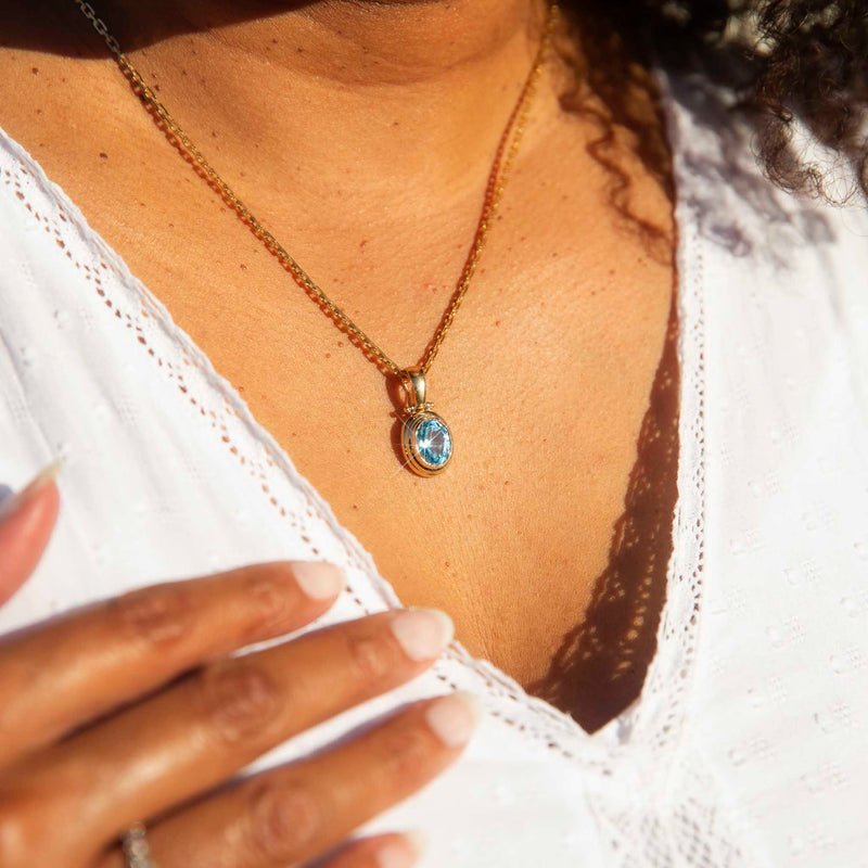 Mila 1990s Blue Topaz Enhancer Pendant & Chain 9ct Gold* DRAFT Pendants/Necklaces Imperial Jewellery 