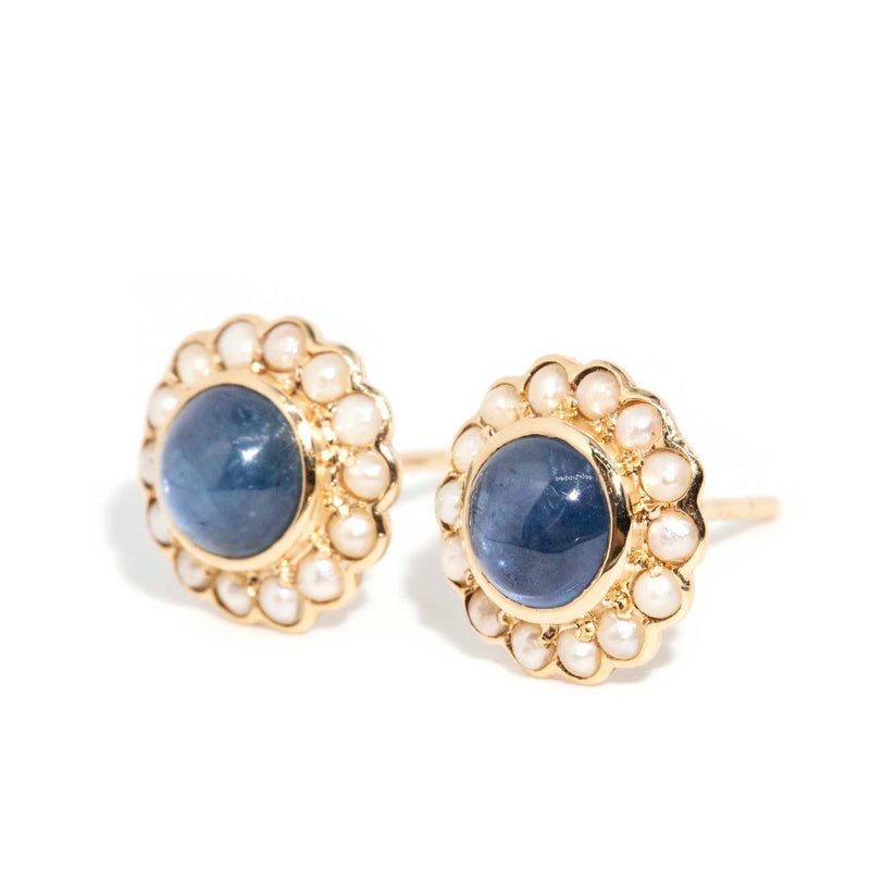 Mildred Blue Sapphire Cabochons & Pearl Earrings 9ct Gold* DRAFT Rings Imperial Jewellery 