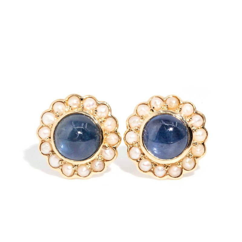 Mildred Blue Sapphire Cabochons & Pearl Earrings 9ct Gold* DRAFT Rings Imperial Jewellery 