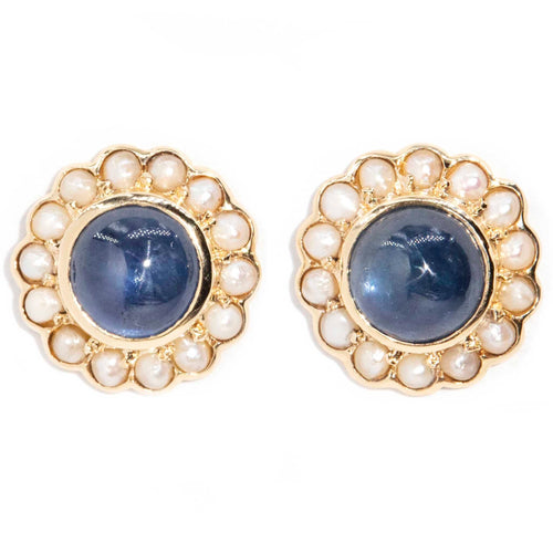 Mildred Blue Sapphire & Seed Pearl Studs 9K Yellow Gold